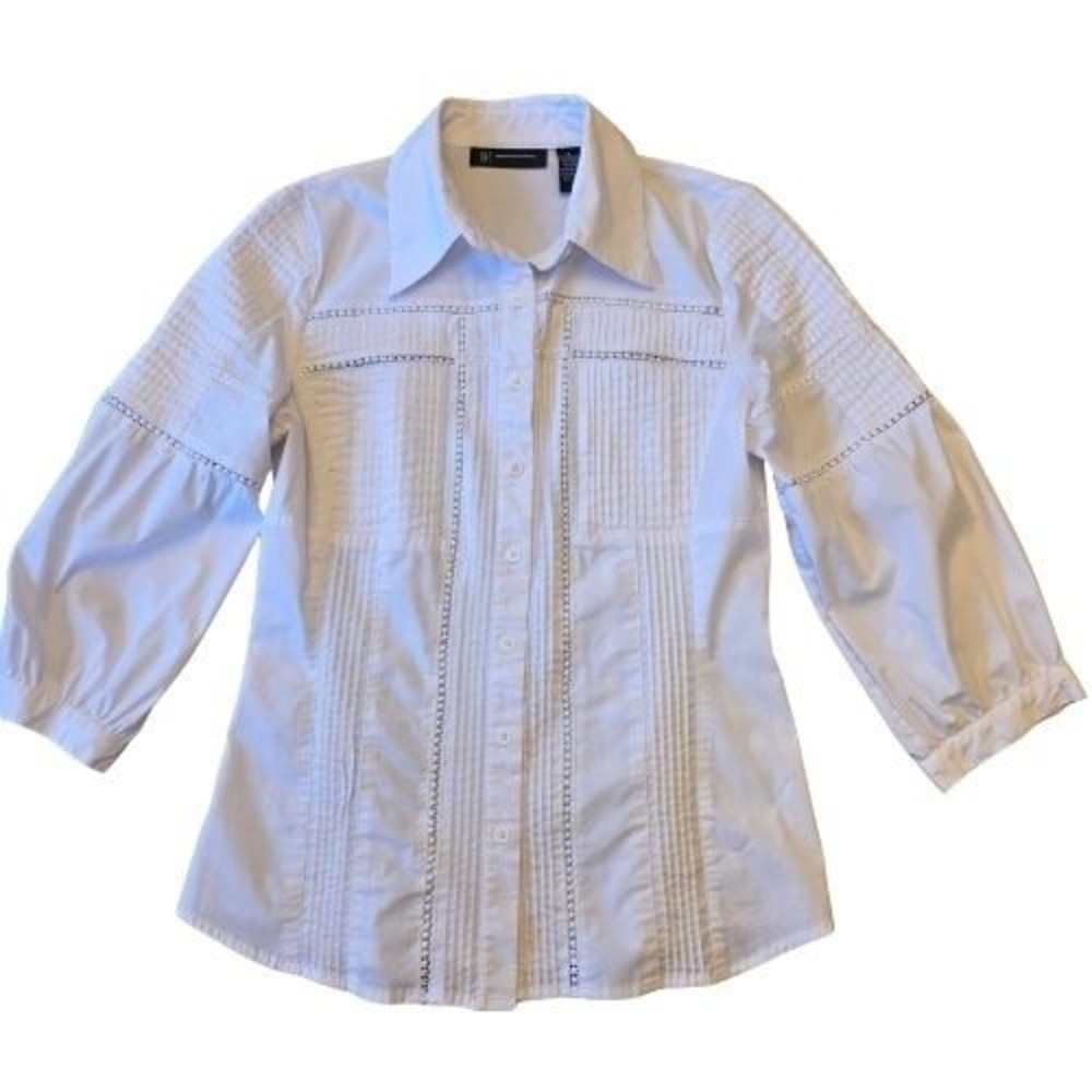 INC Unique Sz 6 Womens White Button Down Shirt Pleated Lace‎ Details Embroidered